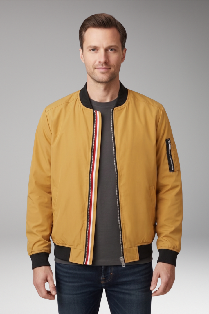Men's Bomber Jacket with Front Zipper and Ribbed Details
