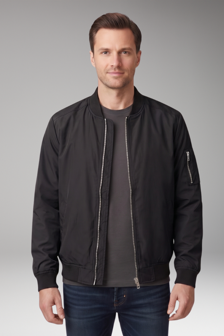 Men's Bomber Jacket with Front Zipper and Ribbed Details