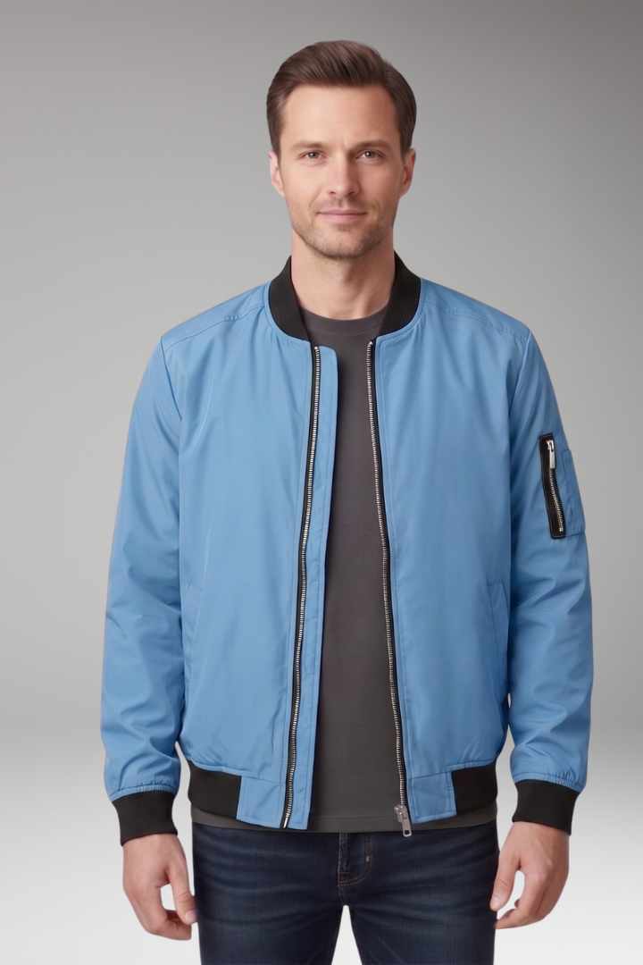 Men's Bomber Jacket with Front Zipper and Ribbed Details