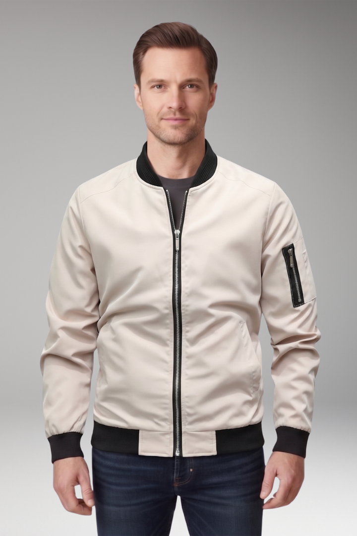 Men's Bomber Jacket with Front Zipper and Ribbed Details