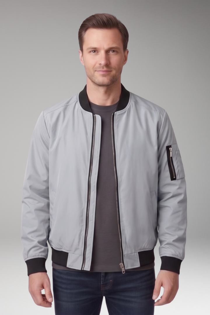 Men's Bomber Jacket with Front Zipper and Ribbed Details