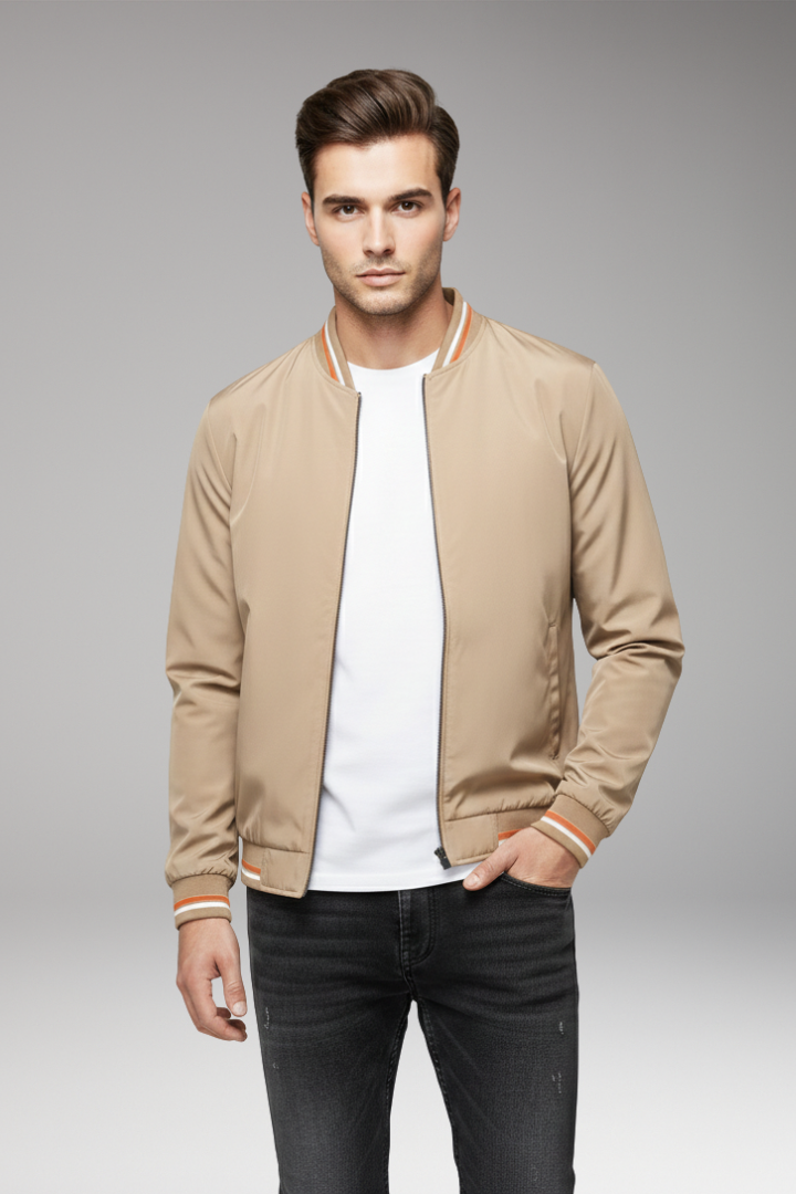 Men's Bomber Jacket with Front Zipper and Ribbed Edges