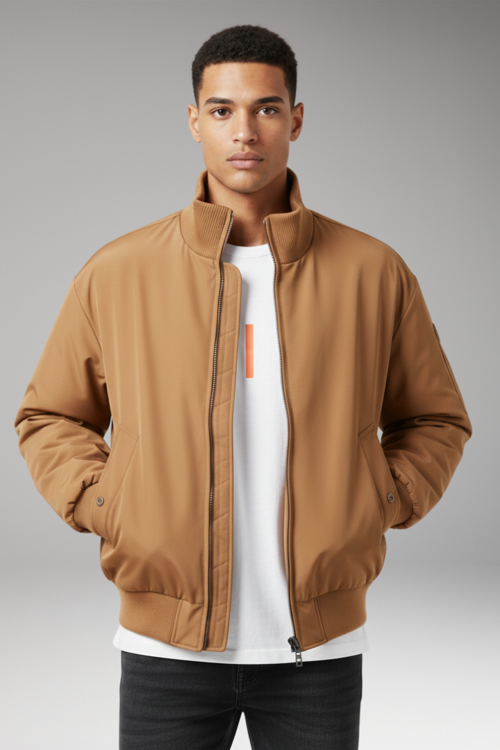 Men's Bomber Jacket with High Collar and Side Pockets