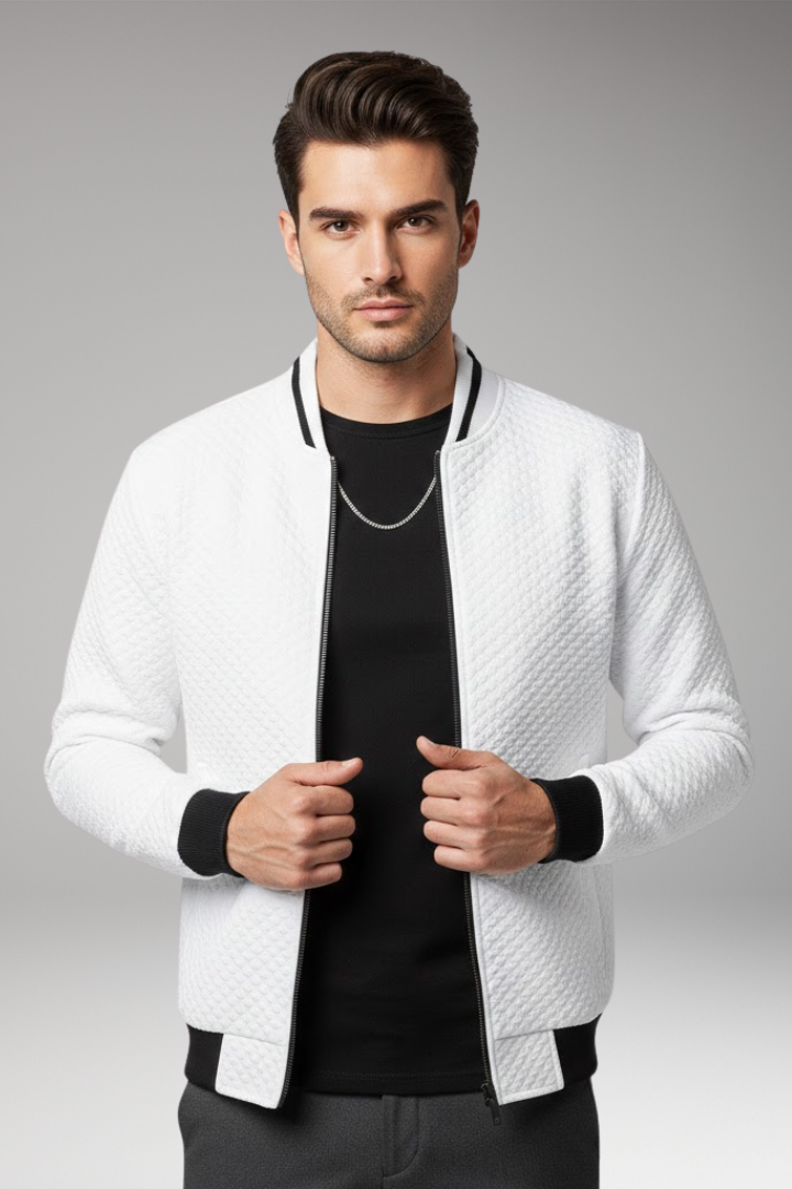 Men's Bomber Jacket with Jacquard Texture and Zip Fastening