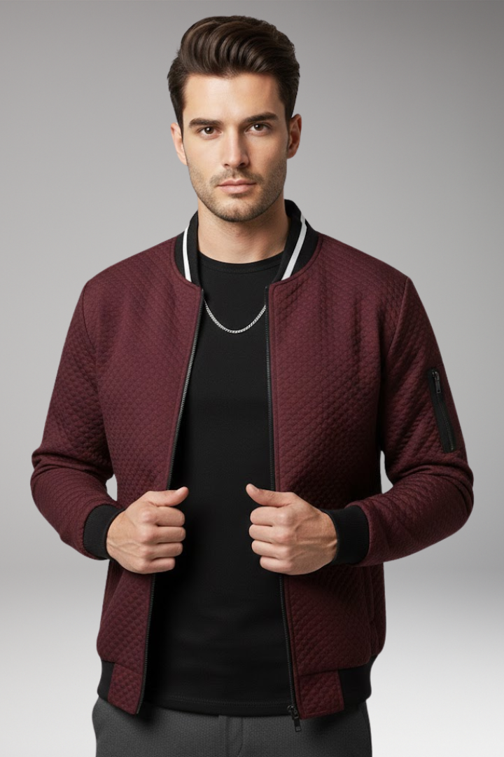 Men's Bomber Jacket with Jacquard Texture and Zip Fastening