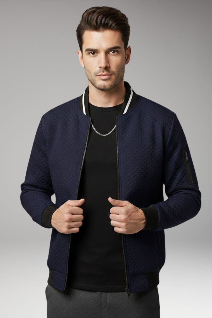 Men's Bomber Jacket with Jacquard Texture and Zip Fastening