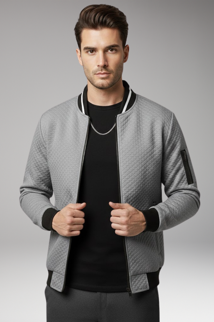 Men's Bomber Jacket with Jacquard Texture and Zip Fastening