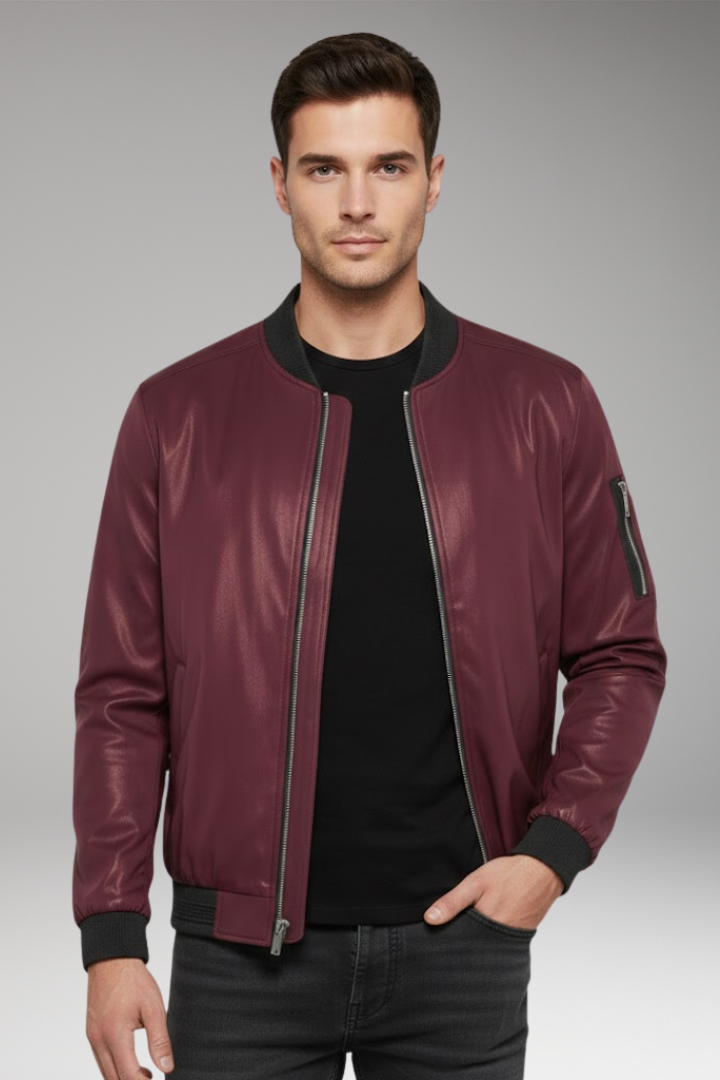 Men's Bomber Jacket with Metallic Surface and Front Zipper