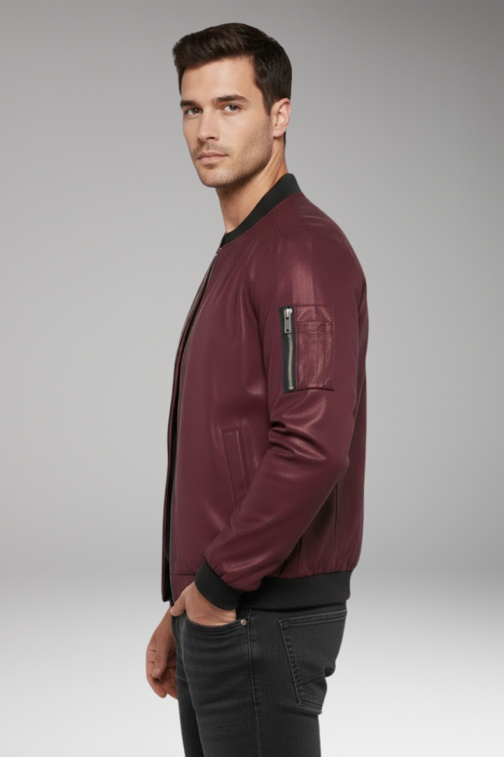 Men's Bomber Jacket with Metallic Surface and Front Zipper