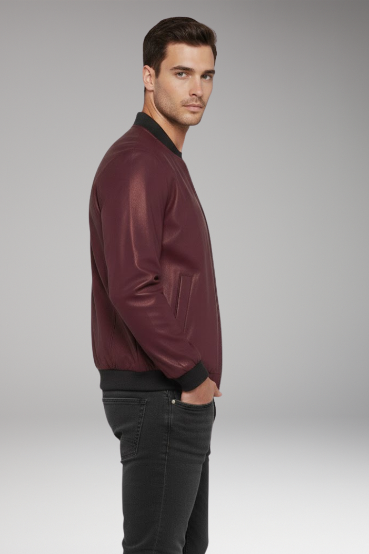 Men's Bomber Jacket with Metallic Surface and Front Zipper