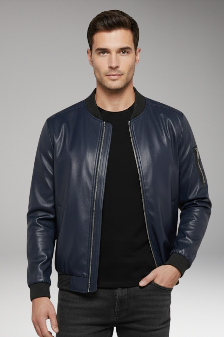Men's Bomber Jacket with Metallic Surface and Front Zipper