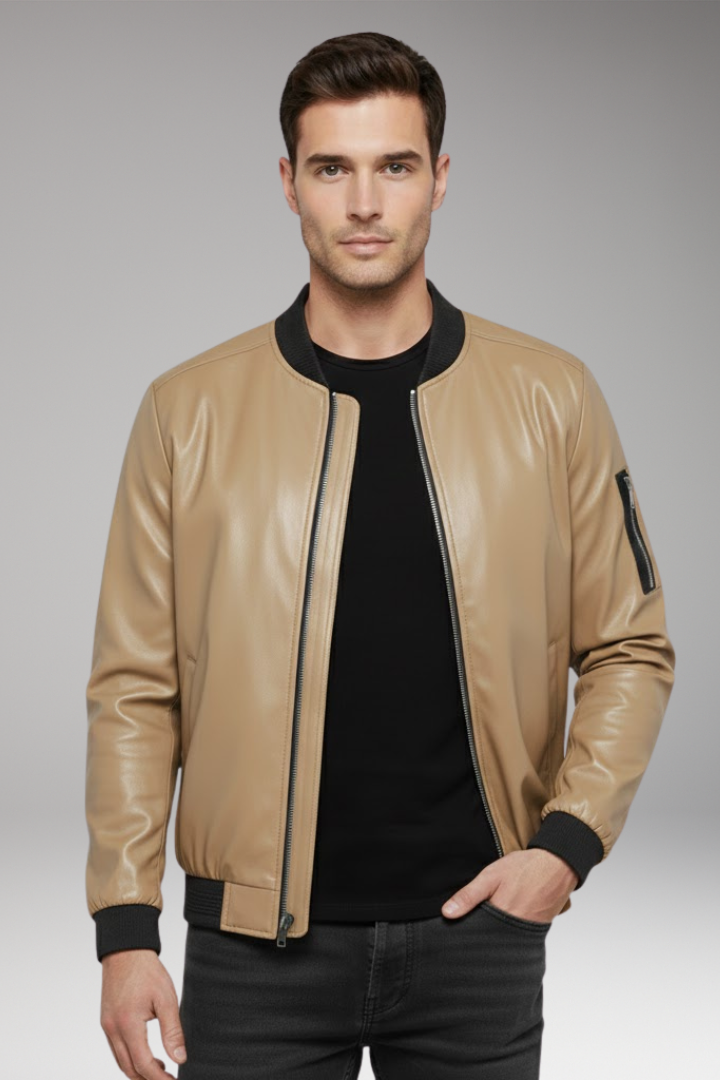 Men's Bomber Jacket with Metallic Surface and Front Zipper
