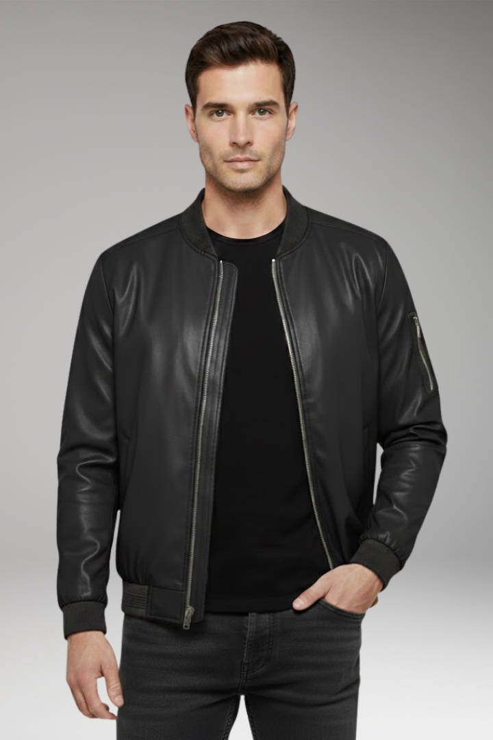 Men's Bomber Jacket with Metallic Surface and Front Zipper