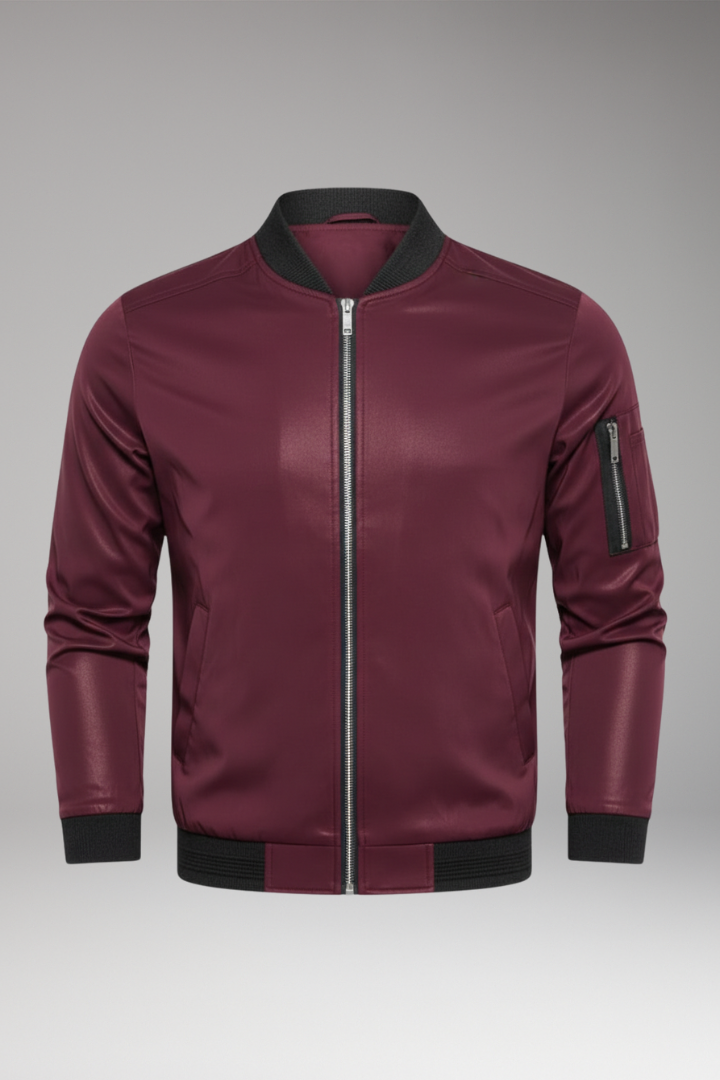 Men's Bomber Jacket with Metallic Surface and Front Zipper