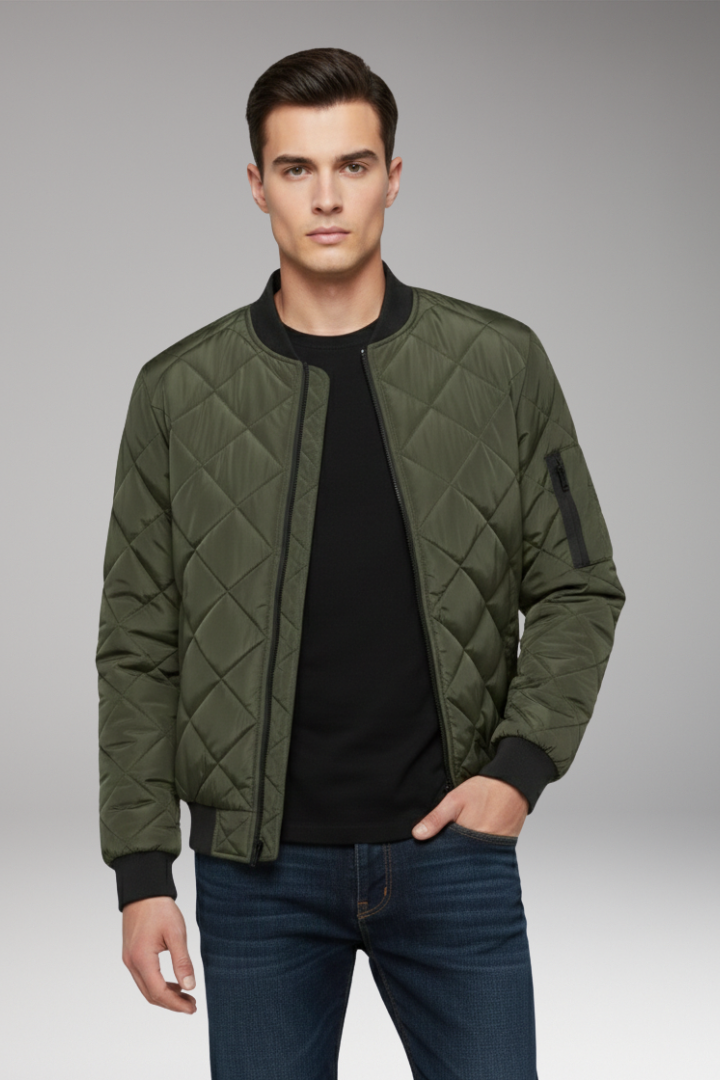 Men's Bomber Jacket with Padded Filling and Ribbed Details