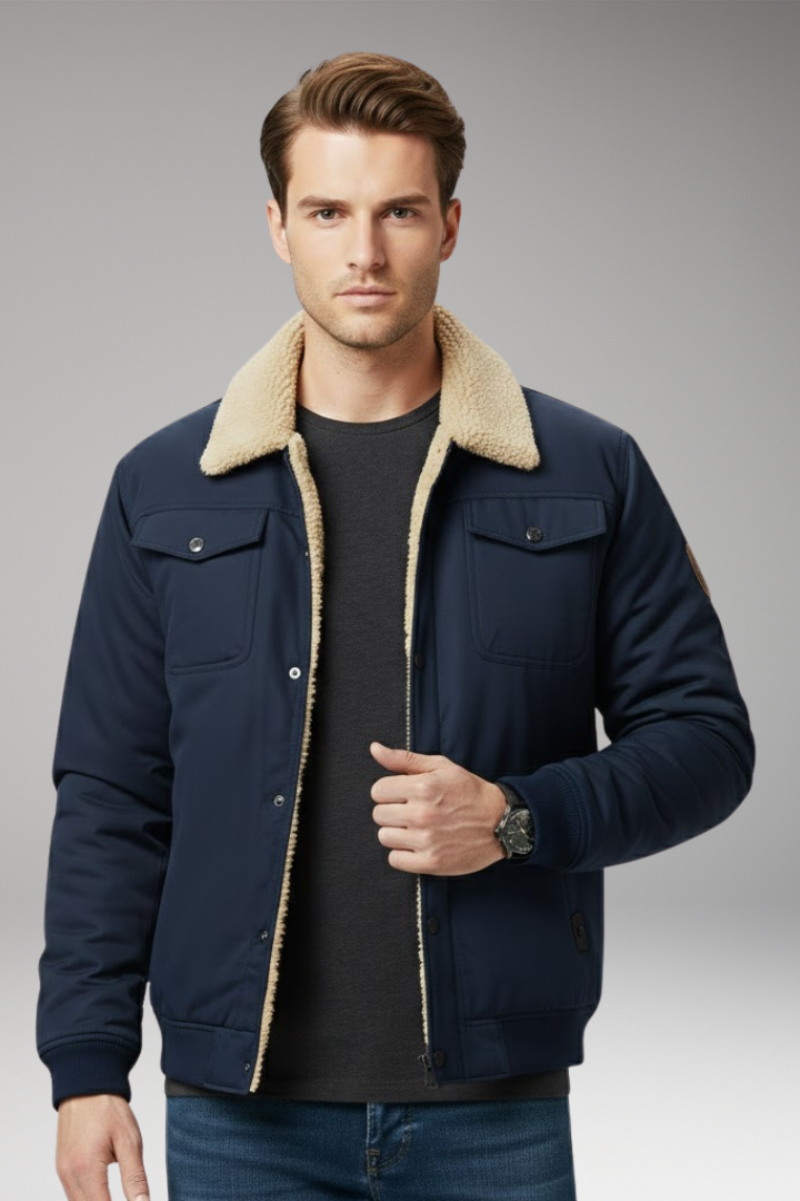 Men's Bomber Jacket with Ribbed Cuffs and Pockets