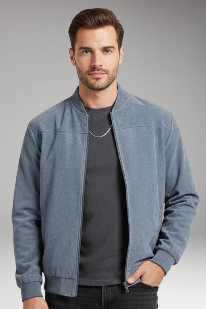 Men's Bomber Jacket with Ribbed Hem and Textured Surface