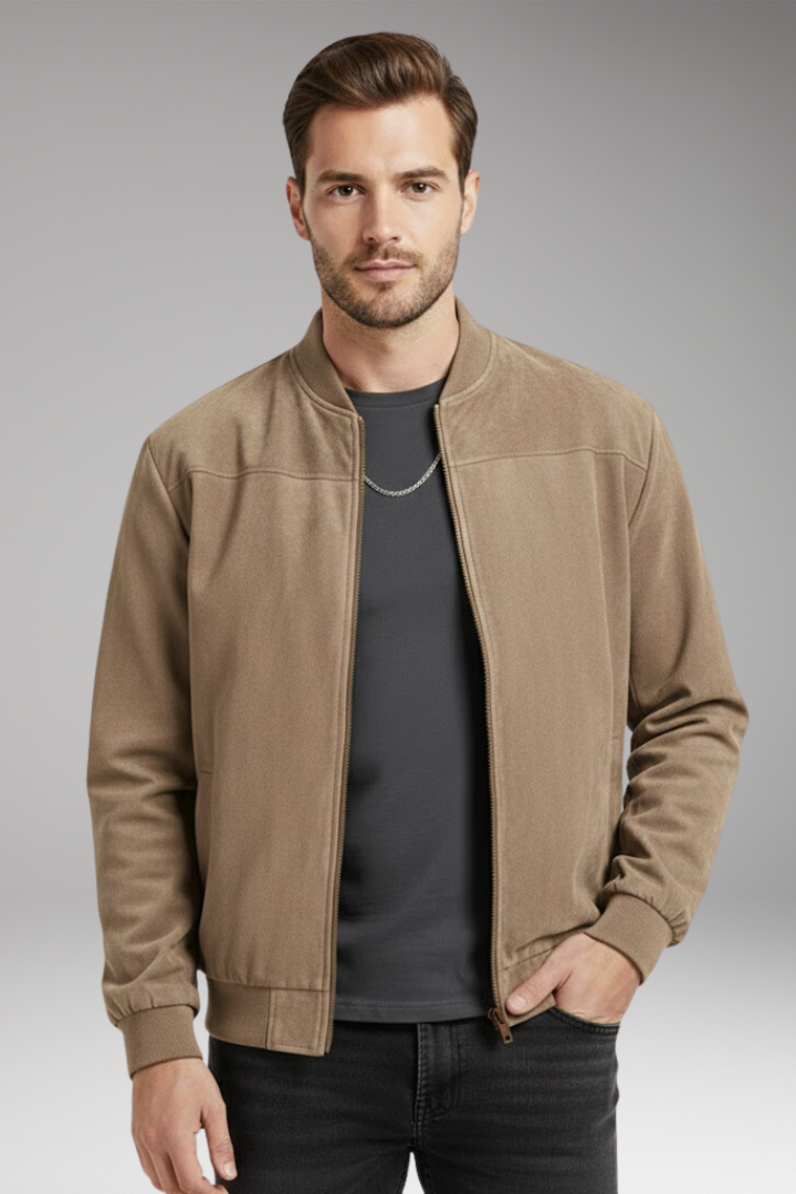Men's Bomber Jacket with Ribbed Hem and Textured Surface