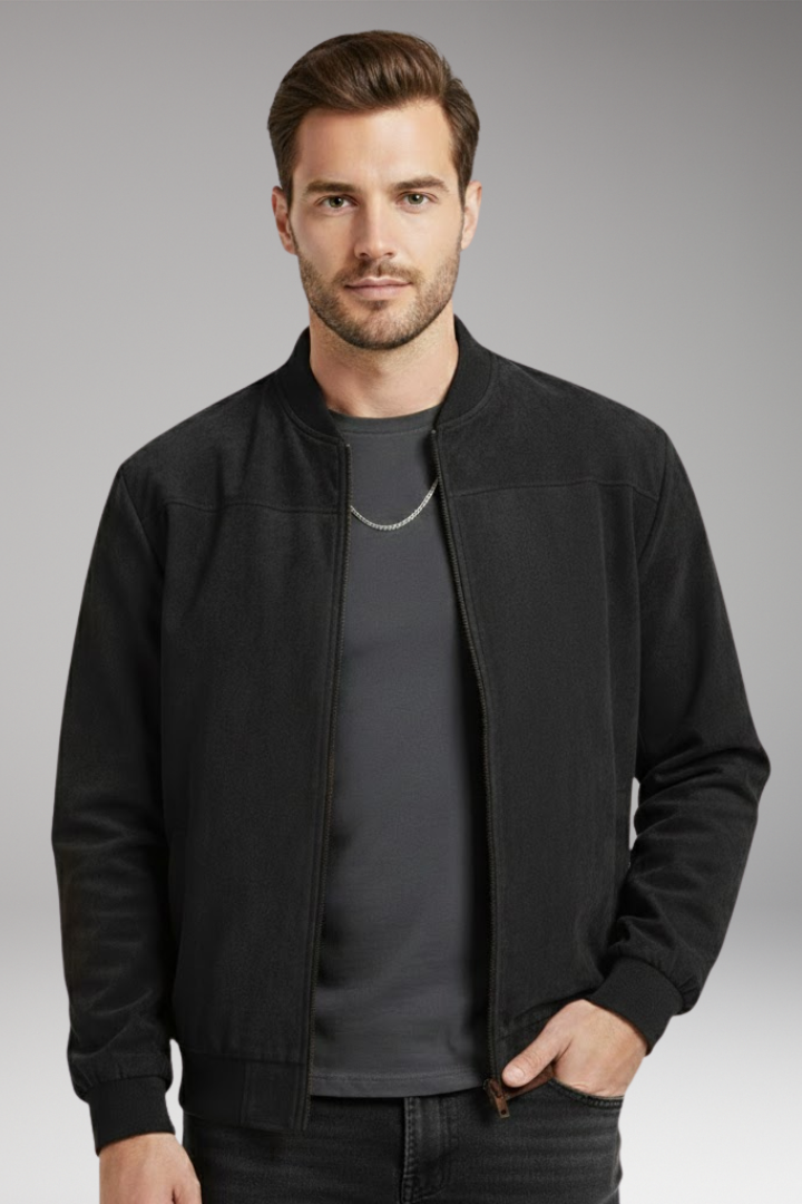 Men's Bomber Jacket with Ribbed Hem and Textured Surface