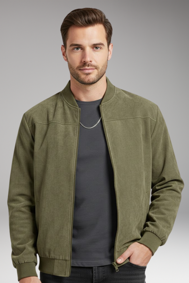 Men's Bomber Jacket with Ribbed Hem and Textured Surface
