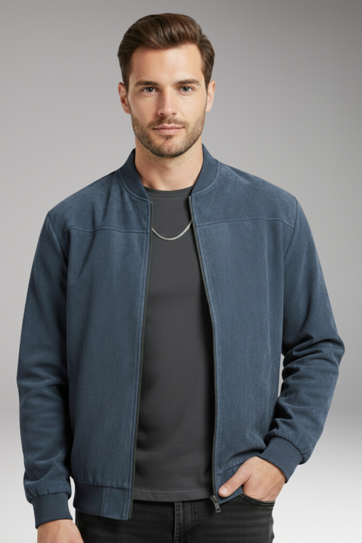 Men's Bomber Jacket with Ribbed Hem and Textured Surface