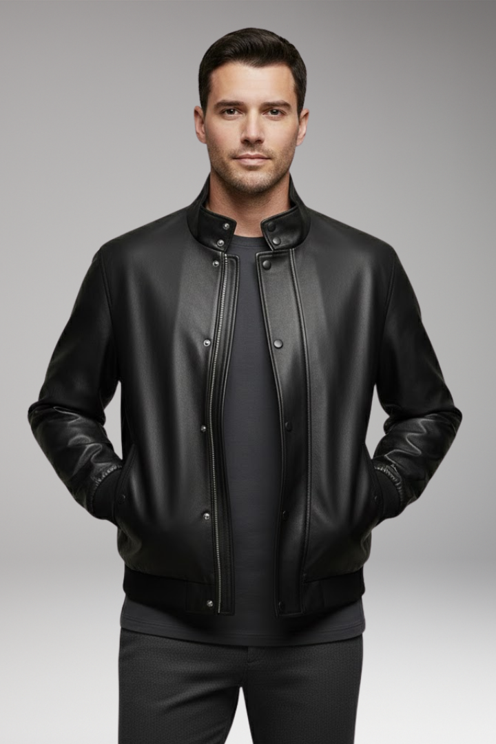Men's Bomber Jacket with Snap Button Closure and Side Pockets
