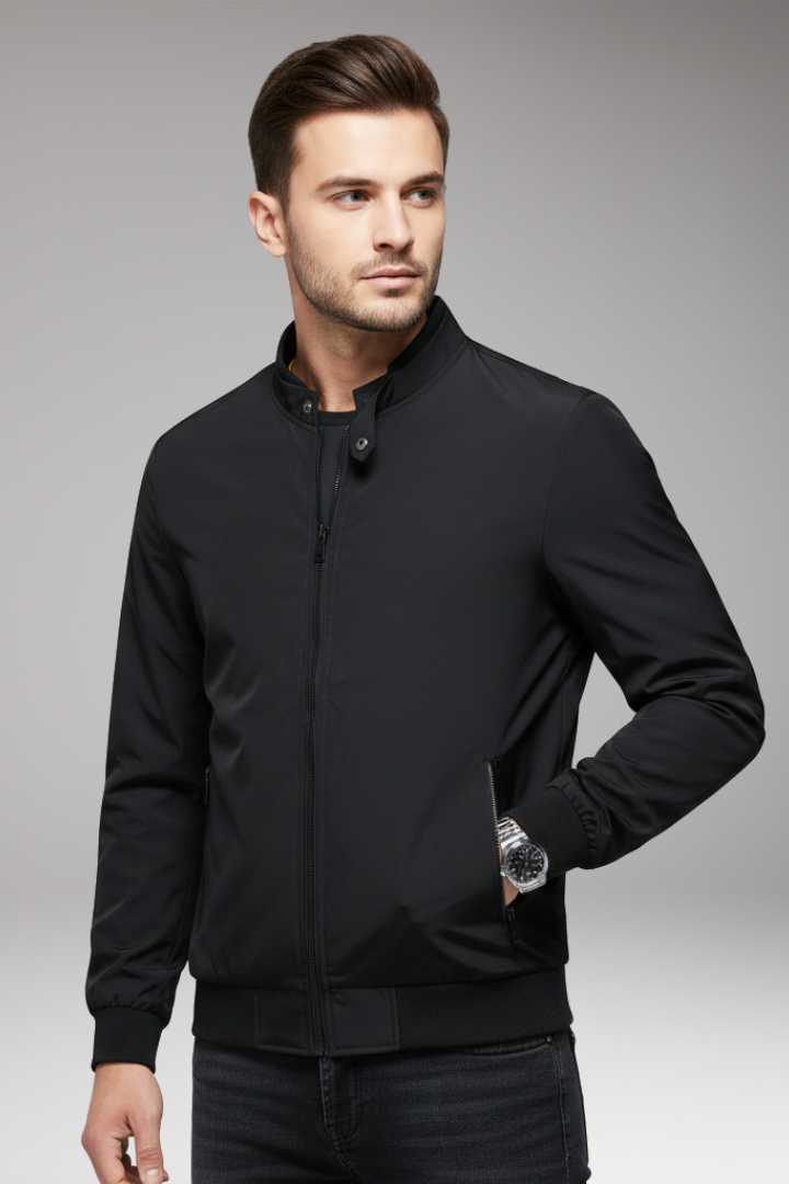 Men's Bomber Jacket with Stand-Up Collar and Zipper Closure