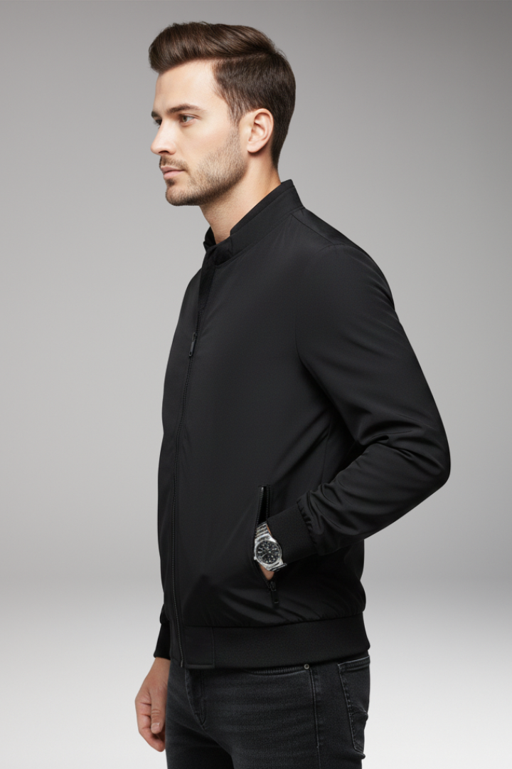 Men's Bomber Jacket with Stand-Up Collar and Zipper Closure
