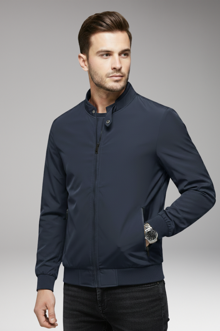 Men's Bomber Jacket with Stand-Up Collar and Zipper Closure