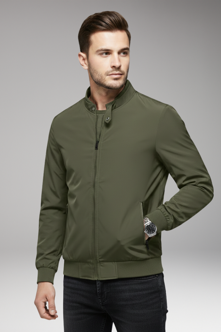 Men's Bomber Jacket with Stand-Up Collar and Zipper Closure