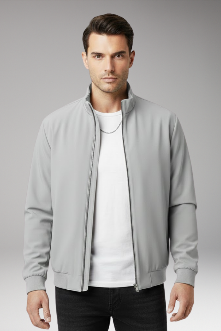 Men's Bomber Jacket with Stand-Up Collar and Zipper
