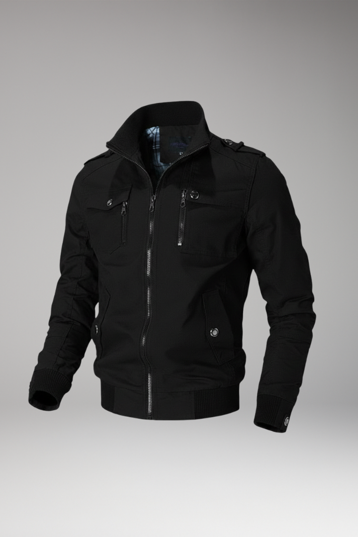 Men's Bomber Jacket with Stand Collar and Ribbed Hem