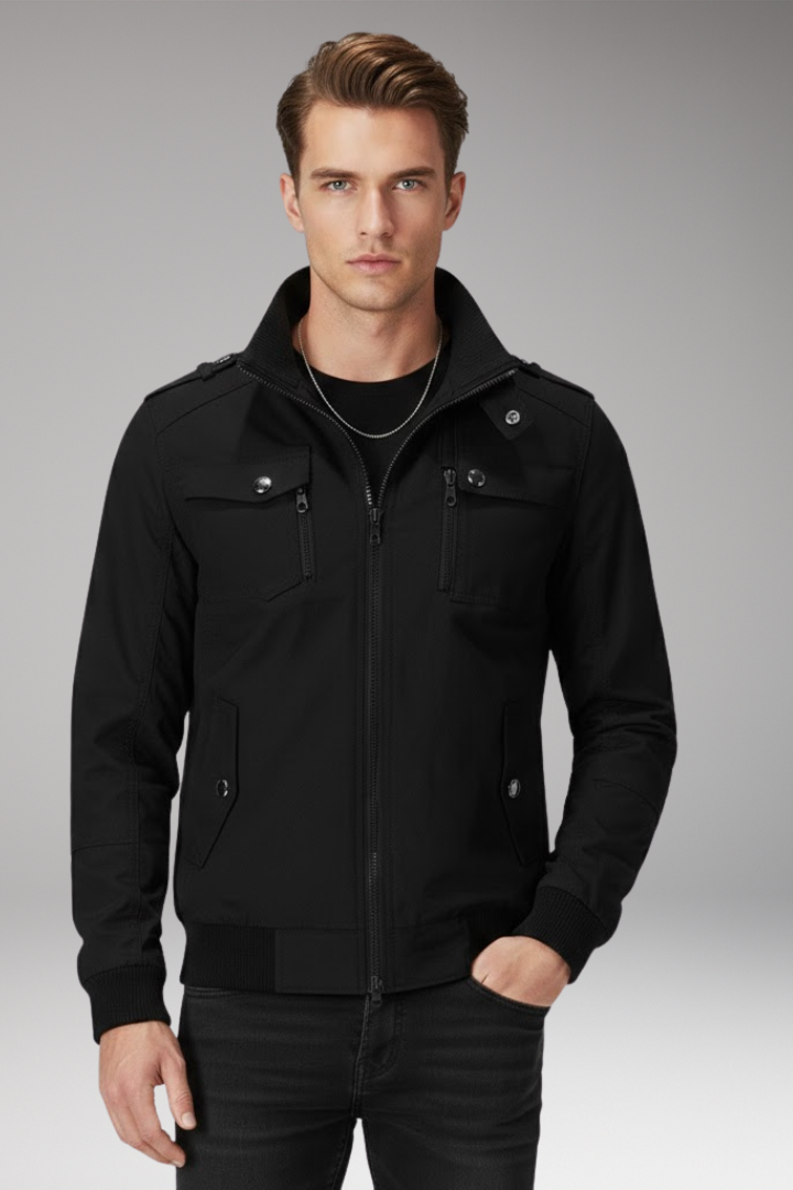 Men's Bomber Jacket with Stand Collar and Ribbed Hem