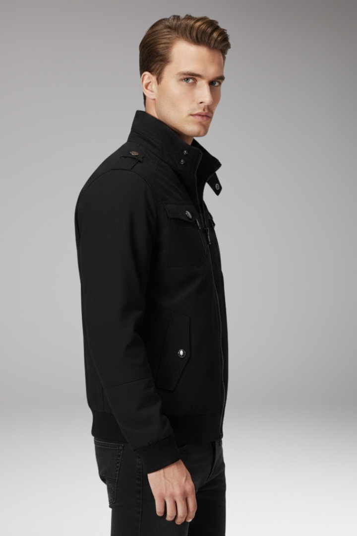 Men's Bomber Jacket with Stand Collar and Ribbed Hem