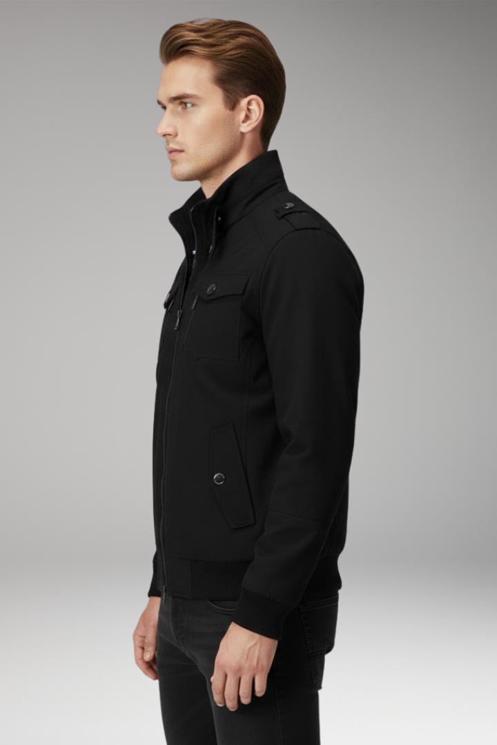 Men's Bomber Jacket with Stand Collar and Ribbed Hem