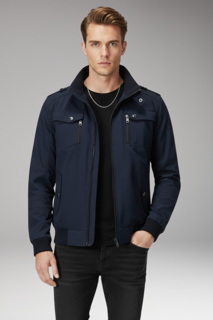 Men's Bomber Jacket with Stand Collar and Ribbed Hem