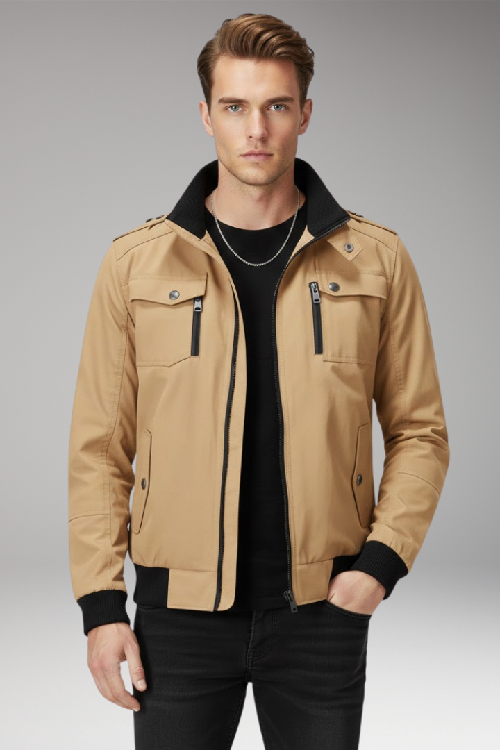 Men's Bomber Jacket with Stand Collar and Ribbed Hem