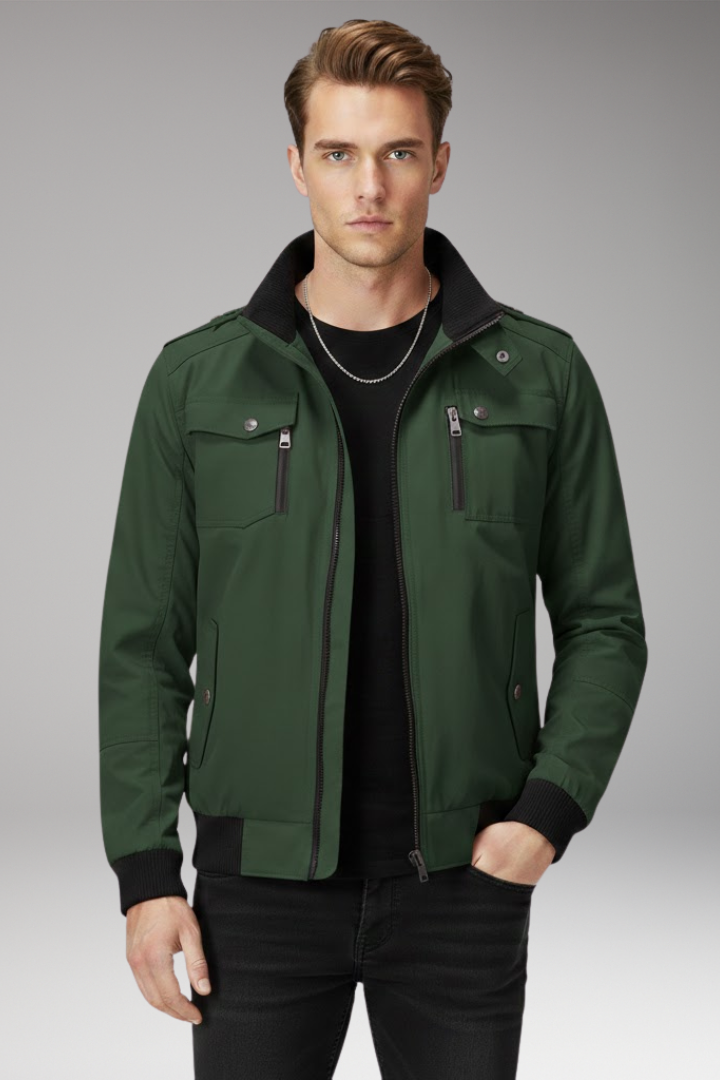Men's Bomber Jacket with Stand Collar and Ribbed Hem