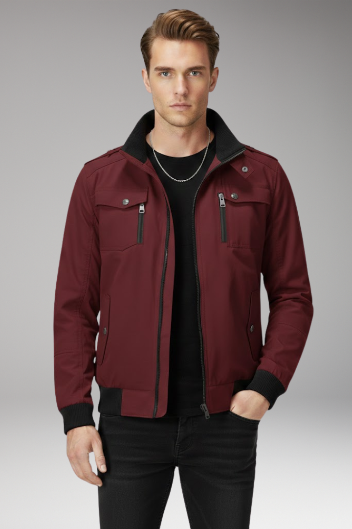 Men's Bomber Jacket with Stand Collar and Ribbed Hem