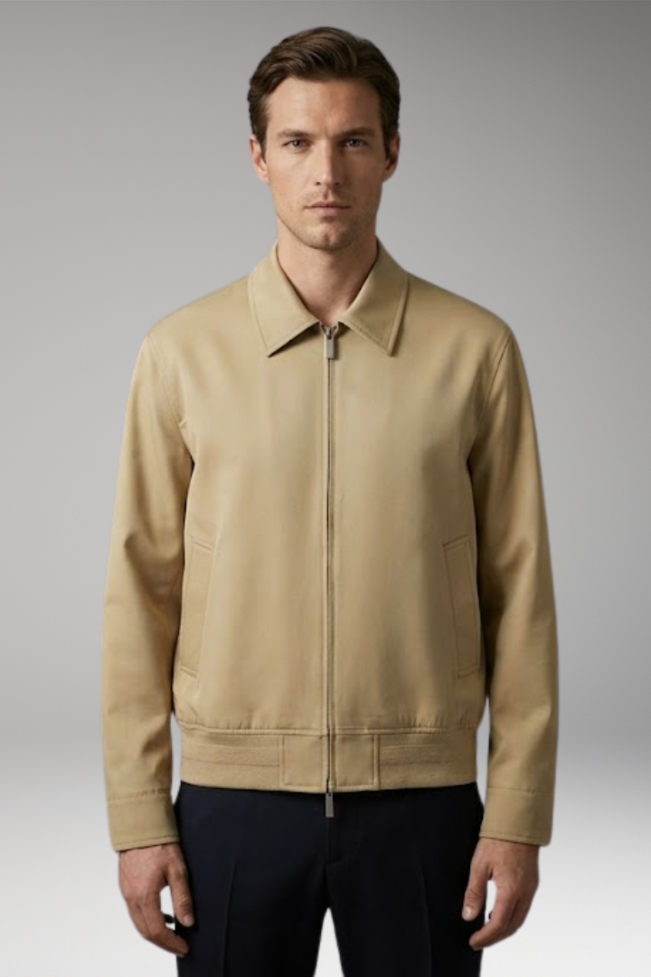 Men's Bomber Jacket with Turn-Down Collar and Front Zipper
