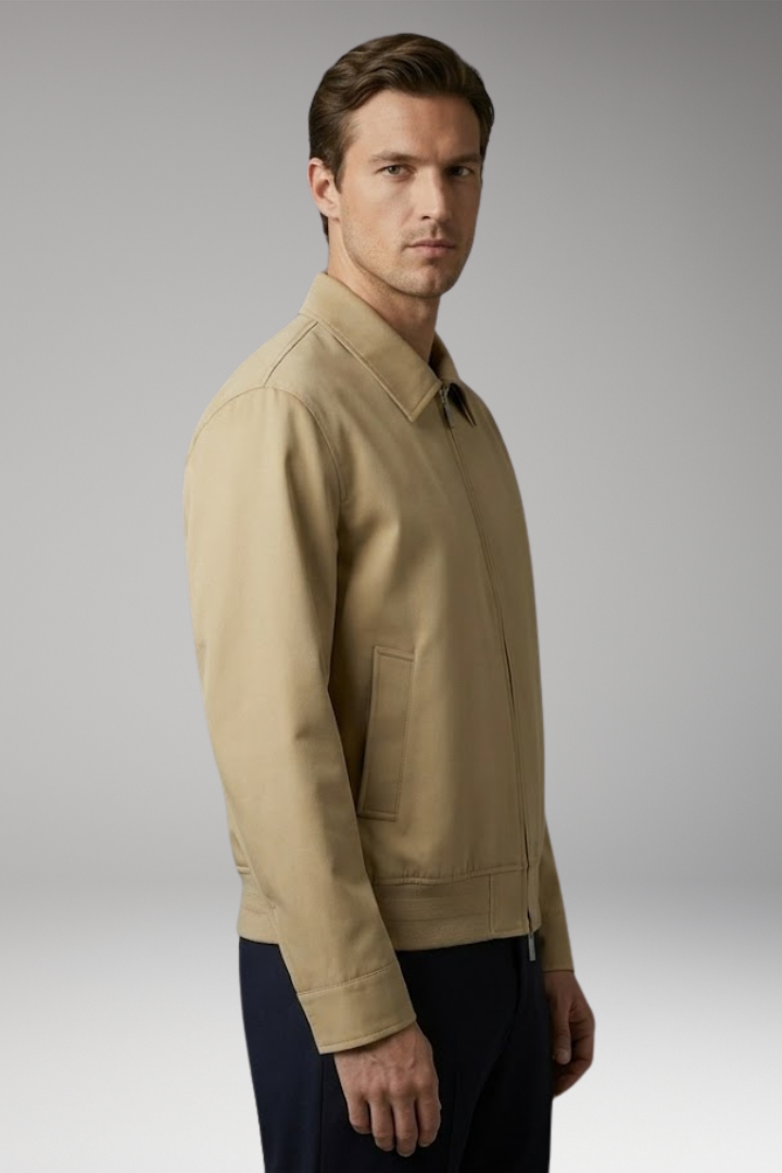 Men's Bomber Jacket with Turn-Down Collar and Front Zipper