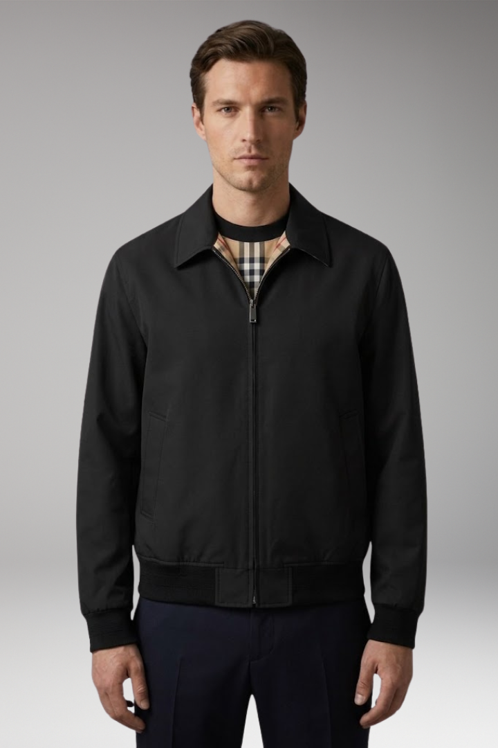 Men's Bomber Jacket with Turn-Down Collar and Front Zipper