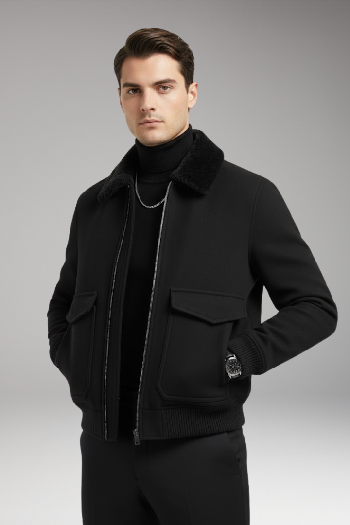 Men's Bomber Jacket with Two-Way Zipper and Ribbed Hem