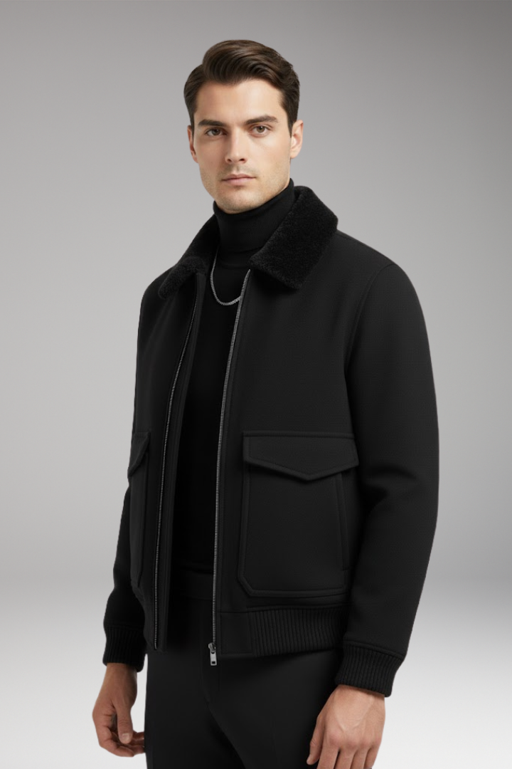 Men's Bomber Jacket with Two-Way Zipper and Ribbed Hem