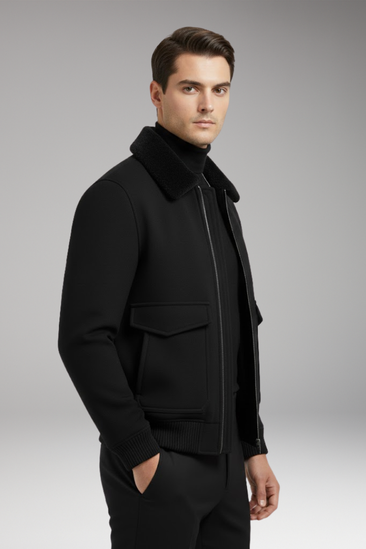 Men's Bomber Jacket with Two-Way Zipper and Ribbed Hem