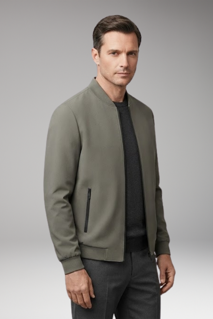 Men's Bomber Jacket with Zip Closure and Textured Surface
