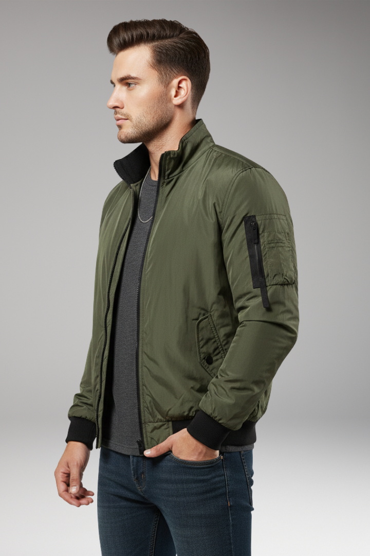 Men's Bomber Jacket with Zipper Closure and Ribbed Edges