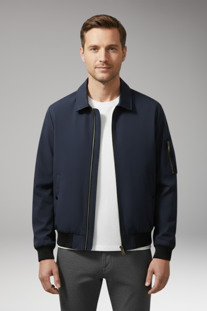 Men's Bomber Jacket with Zipper Pockets and Elastic Waistband