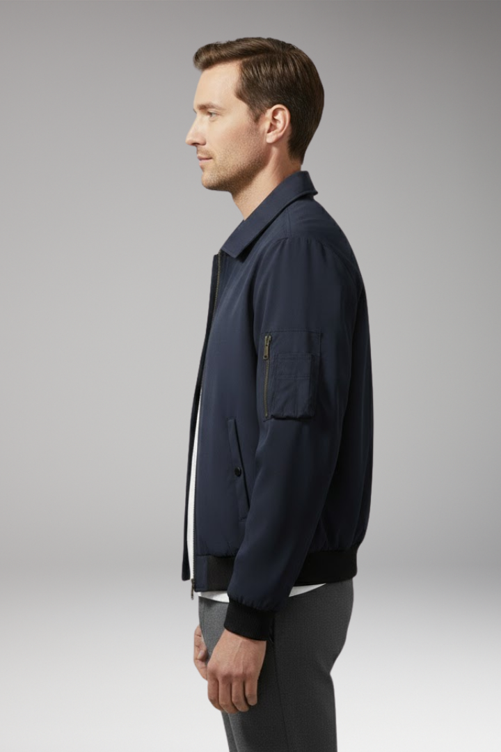 Men's Bomber Jacket with Zipper Pockets and Elastic Waistband