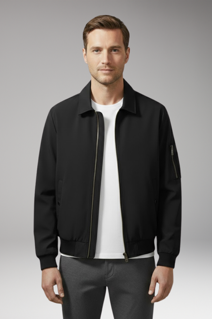 Men's Bomber Jacket with Zipper Pockets and Elastic Waistband